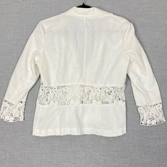 Suzy Shier Linen Blend Blazer White Crochet Lace Accents Tie Front Sz Large - Picture 2 of 9